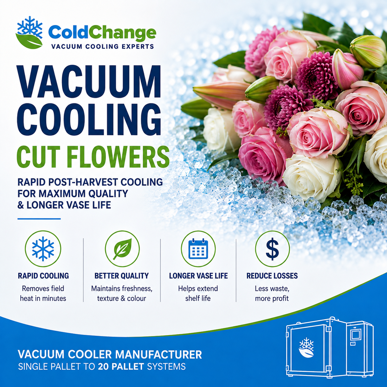 Vacuum cooling for cut flowers – Cold Change Group industrial vacuum cooler