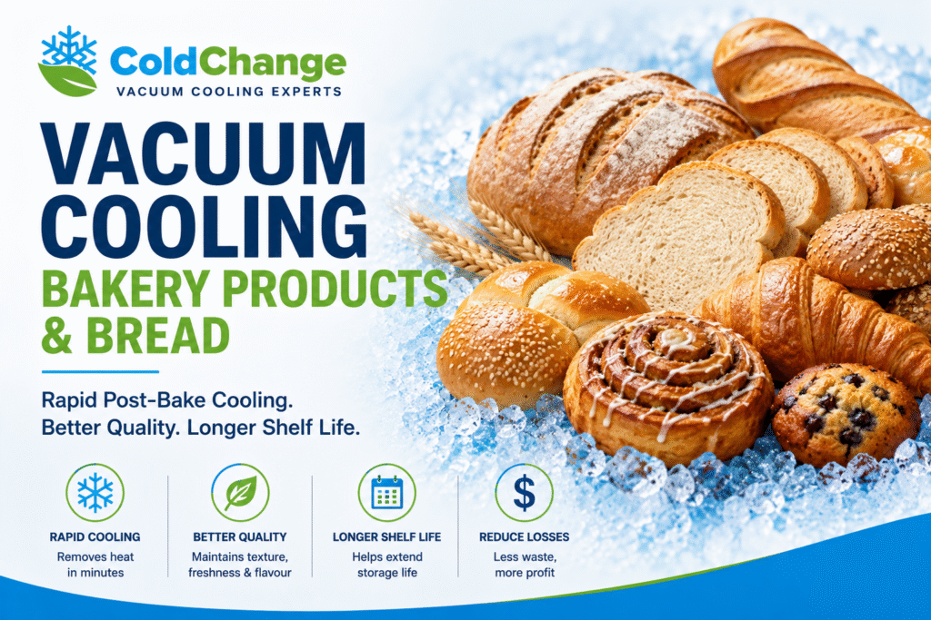 Bakery vacuum cooling for rapid cooling of bread, rolls, buns, croissants, cakes and bakery products