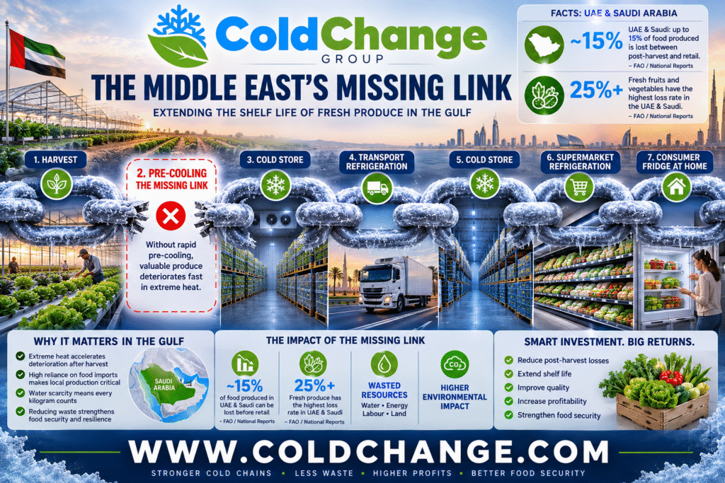 UAE pre-cooling for fresh produce showing vacuum cooler, blast chiller, hydro cooler and cold chain solutions for vegetable growers in the Middle East